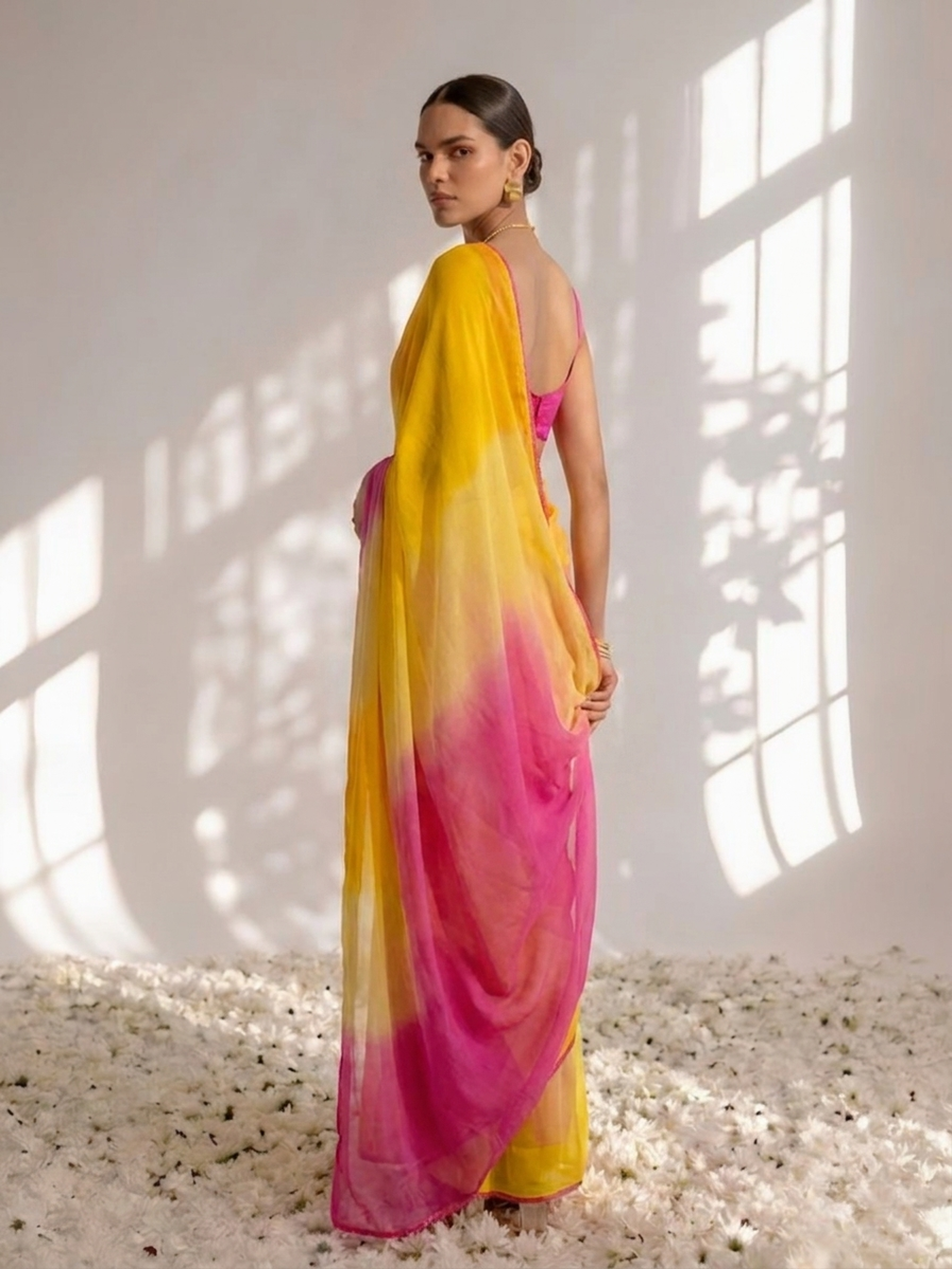 Yellow and Pink Chiffon Ombre Saree with Edge Lace and Blouse Fabric