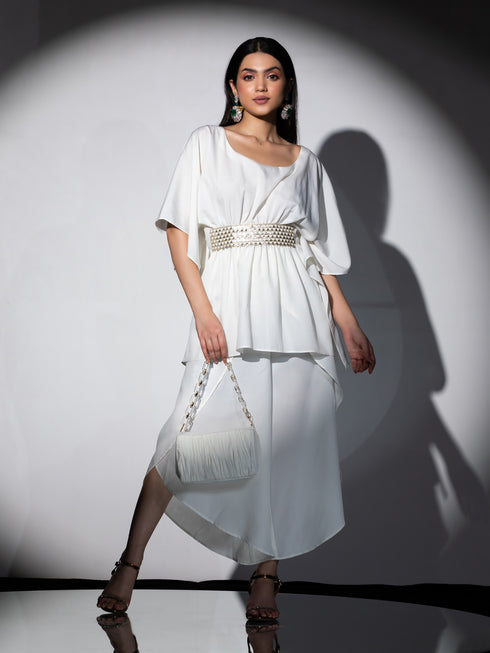 Women's Bree Cream Crepe Co-Ordinate Set with Gold Triangle Lace and Overlap Dhoti 2 Piece Set | Straight Fit, Round Neck, 3/4 Sleeves, Dhoti Pants, Festive Wear, (Crepe)