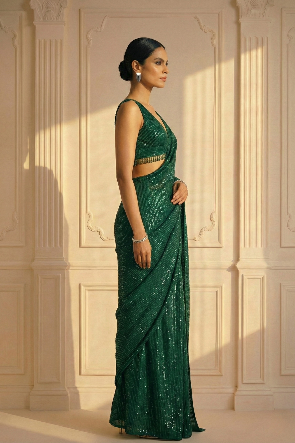 Emerald Green Knitted Sequin Saree with Blouse Fabric