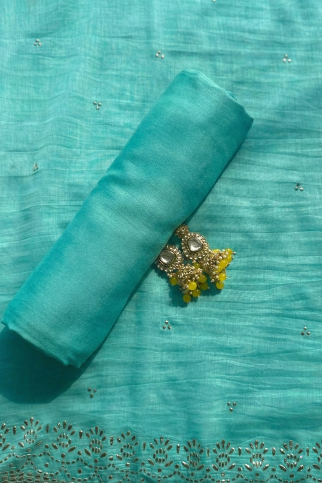 3 Pc Unstitched Suit - Chanderi Turq Mukiesh Kurta with Lining ,Dupatta and Bottom