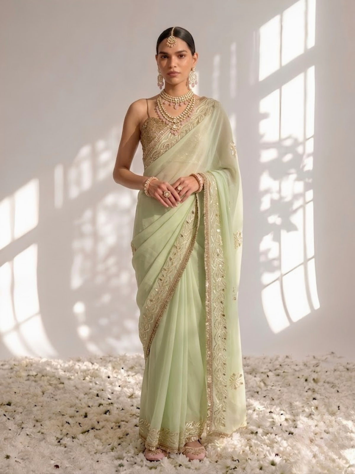Sage Green Chiffon Gota Patti Saree with Blouse Fabric