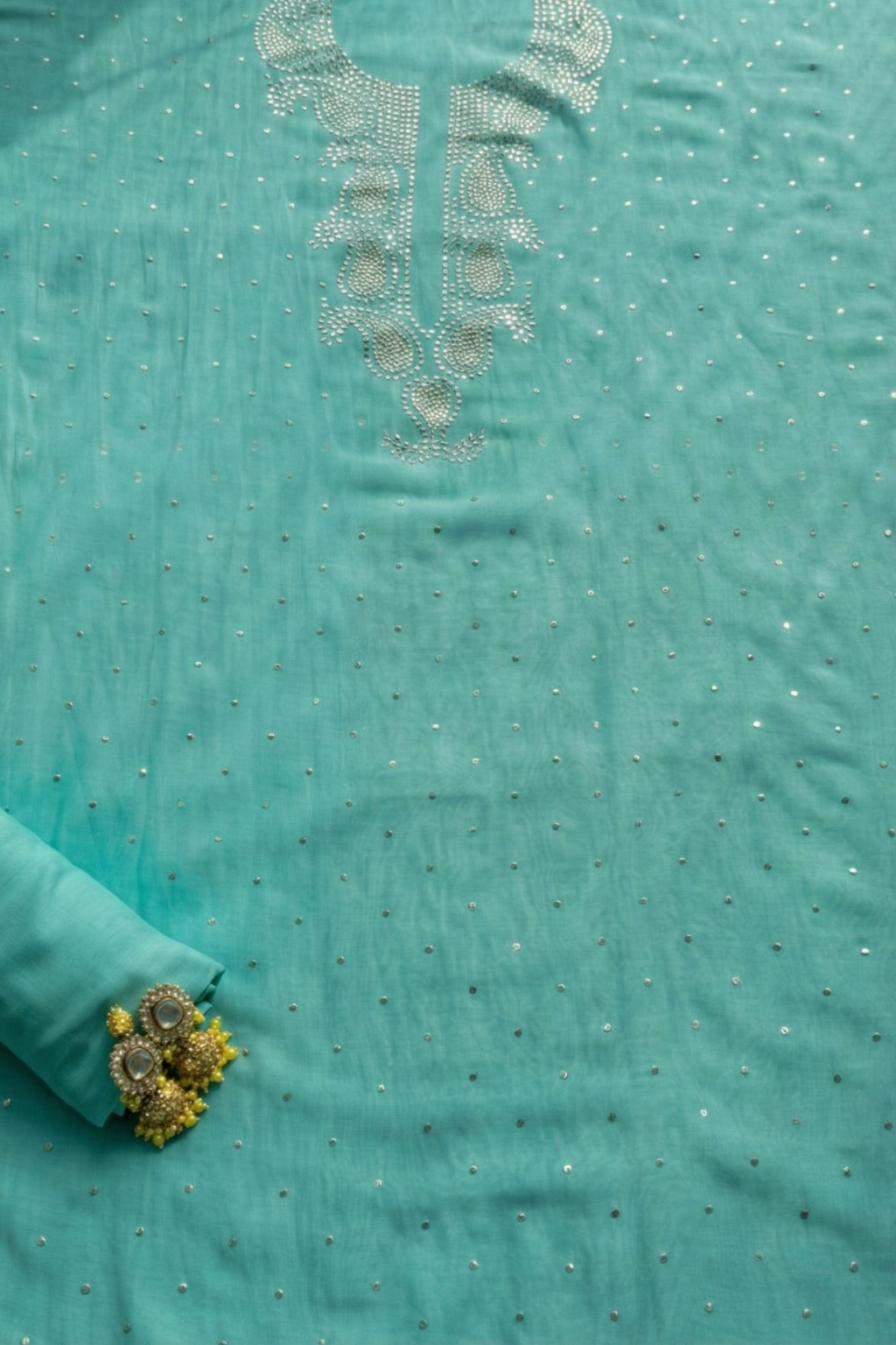 3 Pc Unstitched Suit - Chanderi Turq Mukiesh Kurta with Lining ,Dupatta and Bottom