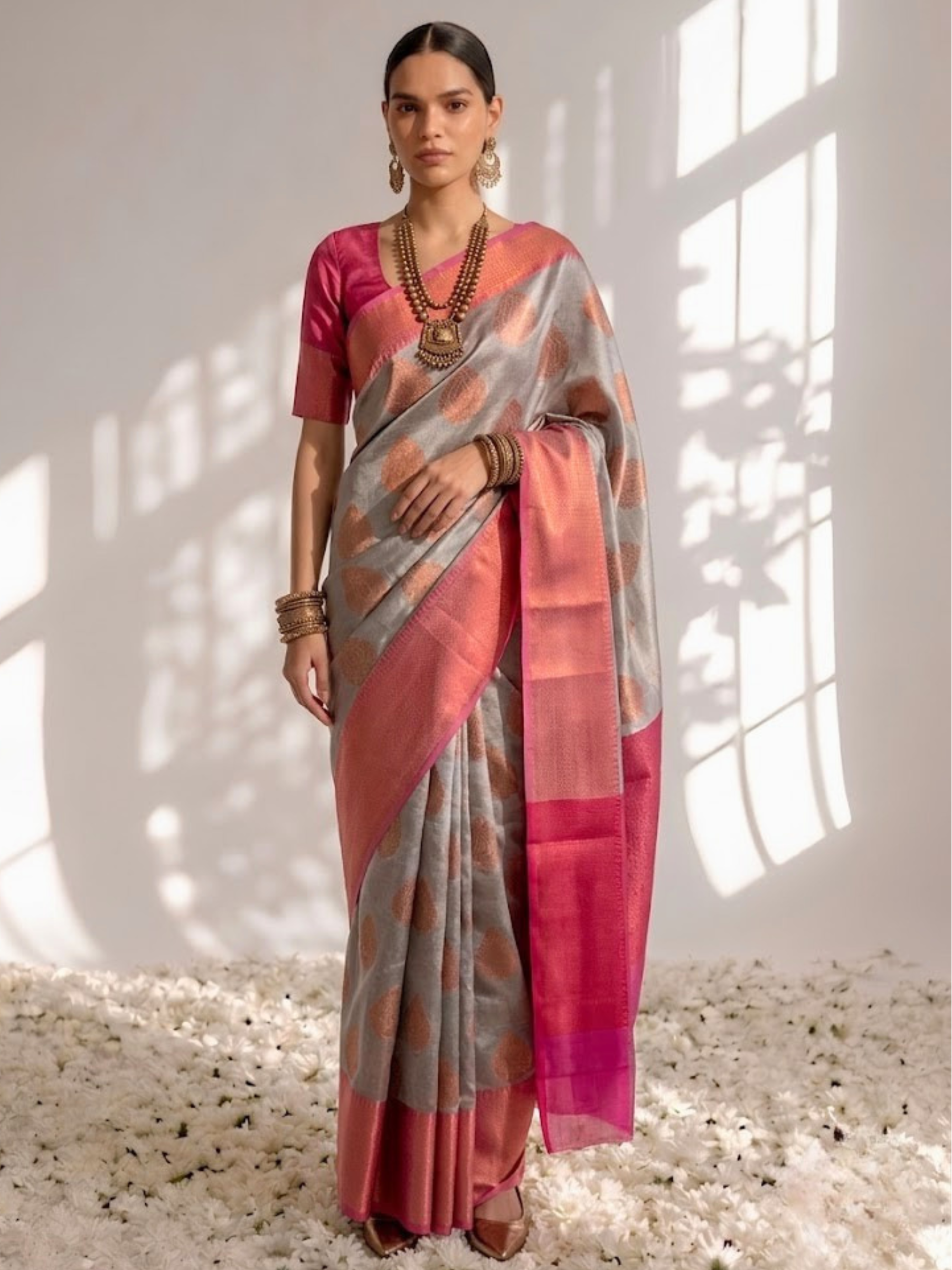 Grey and Pink Jacquard Border Saree with Jacquard Blouse Fabric