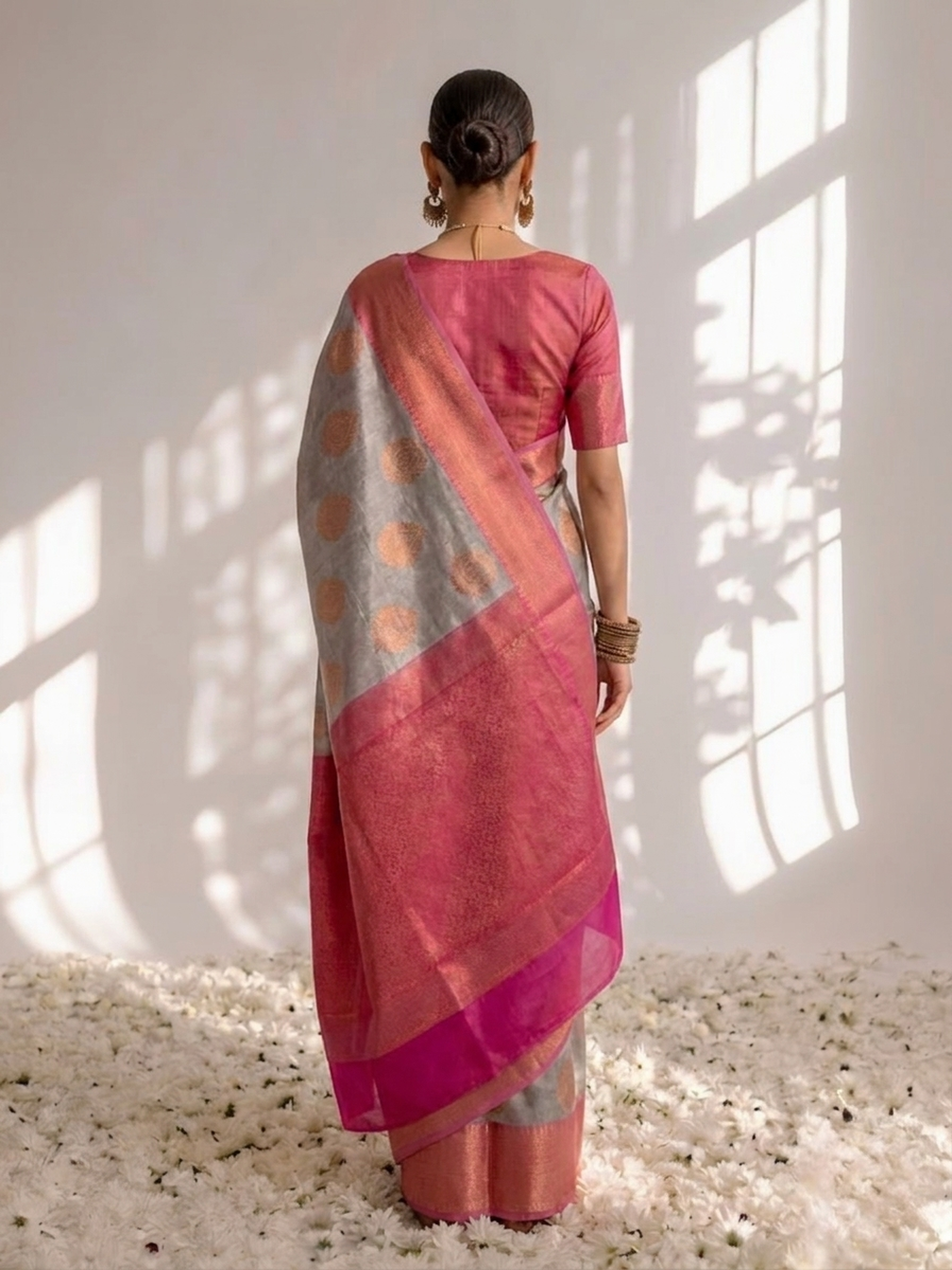 Grey and Pink Jacquard Border Saree with Jacquard Blouse Fabric