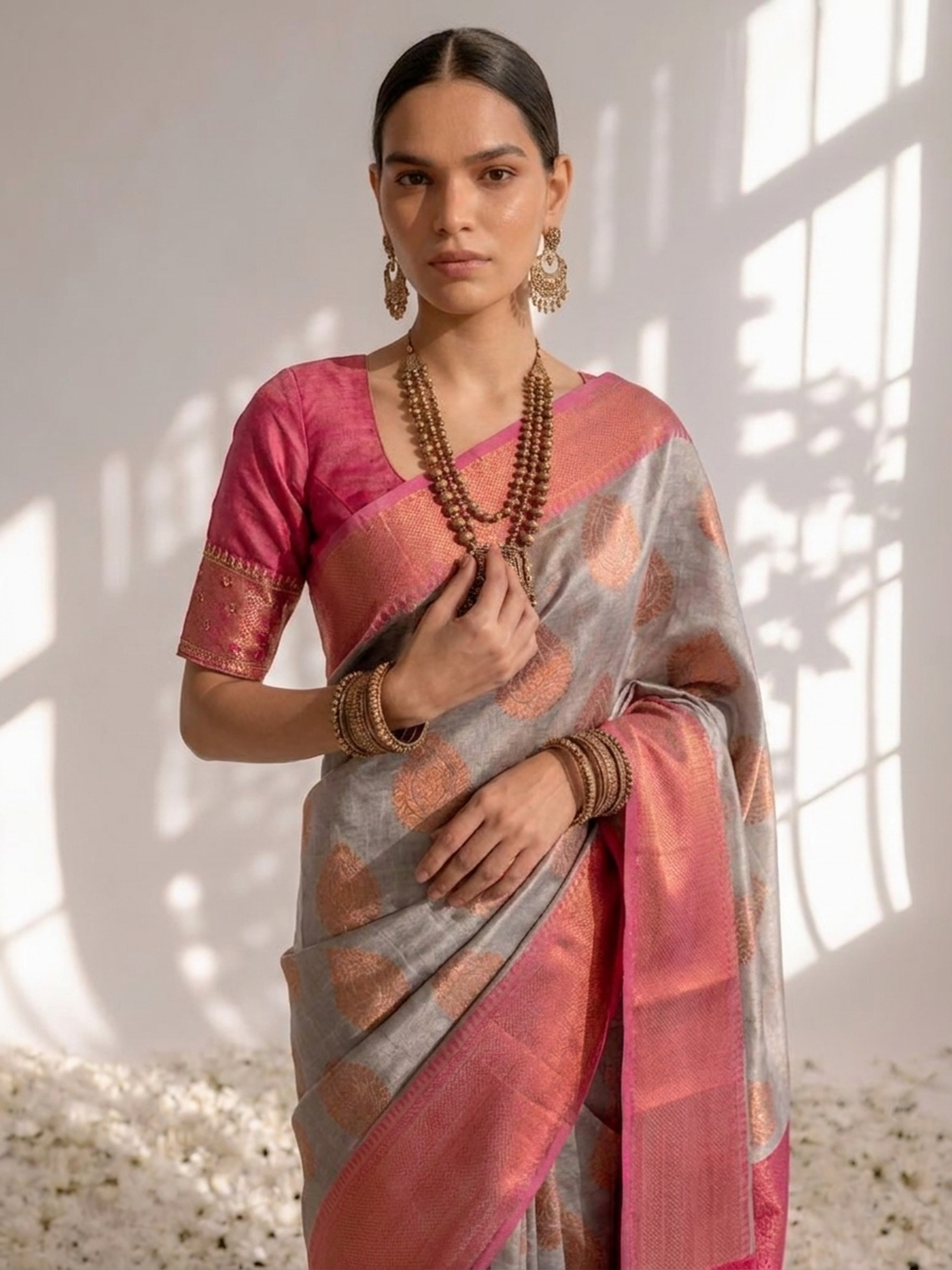 Grey and Pink Jacquard Border Saree with Jacquard Blouse Fabric