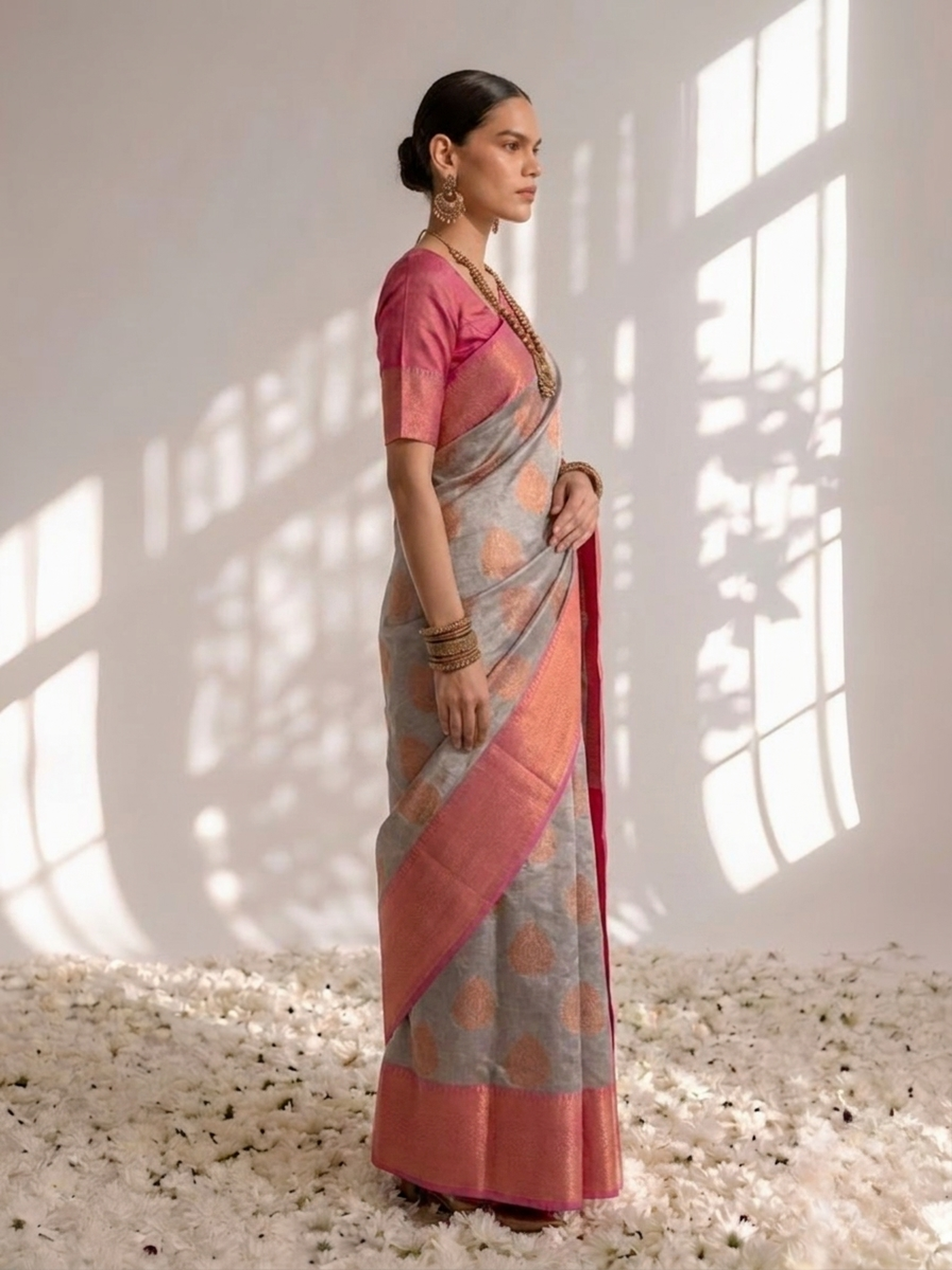 Grey and Pink Jacquard Border Saree with Jacquard Blouse Fabric