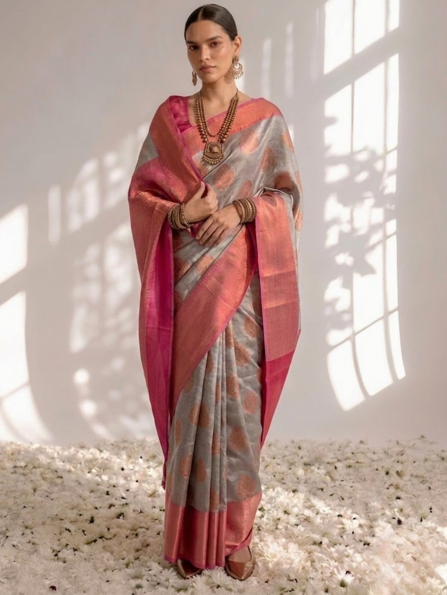 Grey and Pink Jacquard Border Saree with Jacquard Blouse Fabric