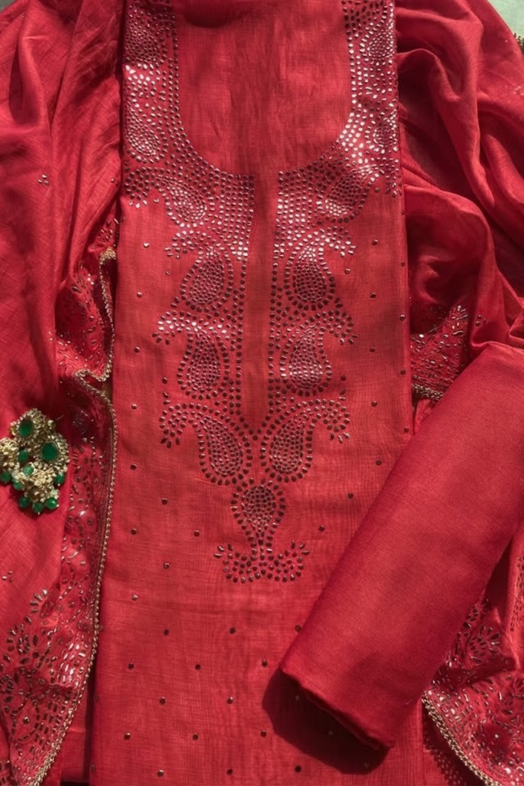 3 Pc Unstitched Suit - Chanderi Red Mukiesh Kurta with Lining ,Dupatta and Bottom