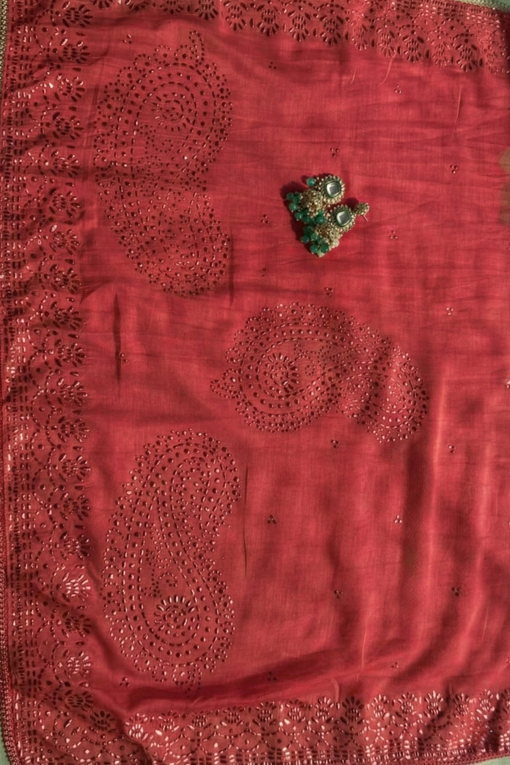 3 Pc Unstitched Suit - Chanderi Red Mukiesh Kurta with Lining ,Dupatta and Bottom