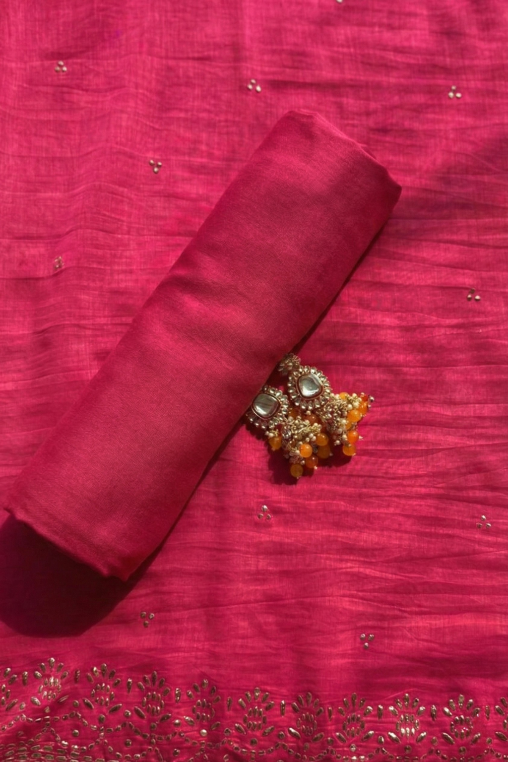 3 Pc Unstitched Suit - Chanderi Pink Mukiesh Kurta with Lining ,Dupatta and Bottom