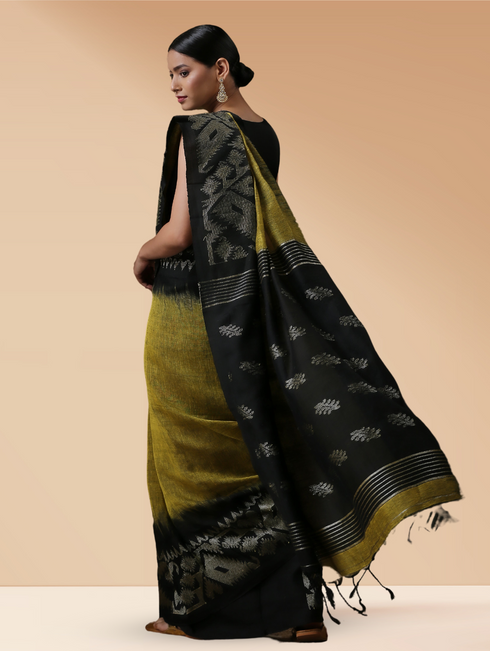 Pure Linen Henna & Woven Big Border Handloom Saree