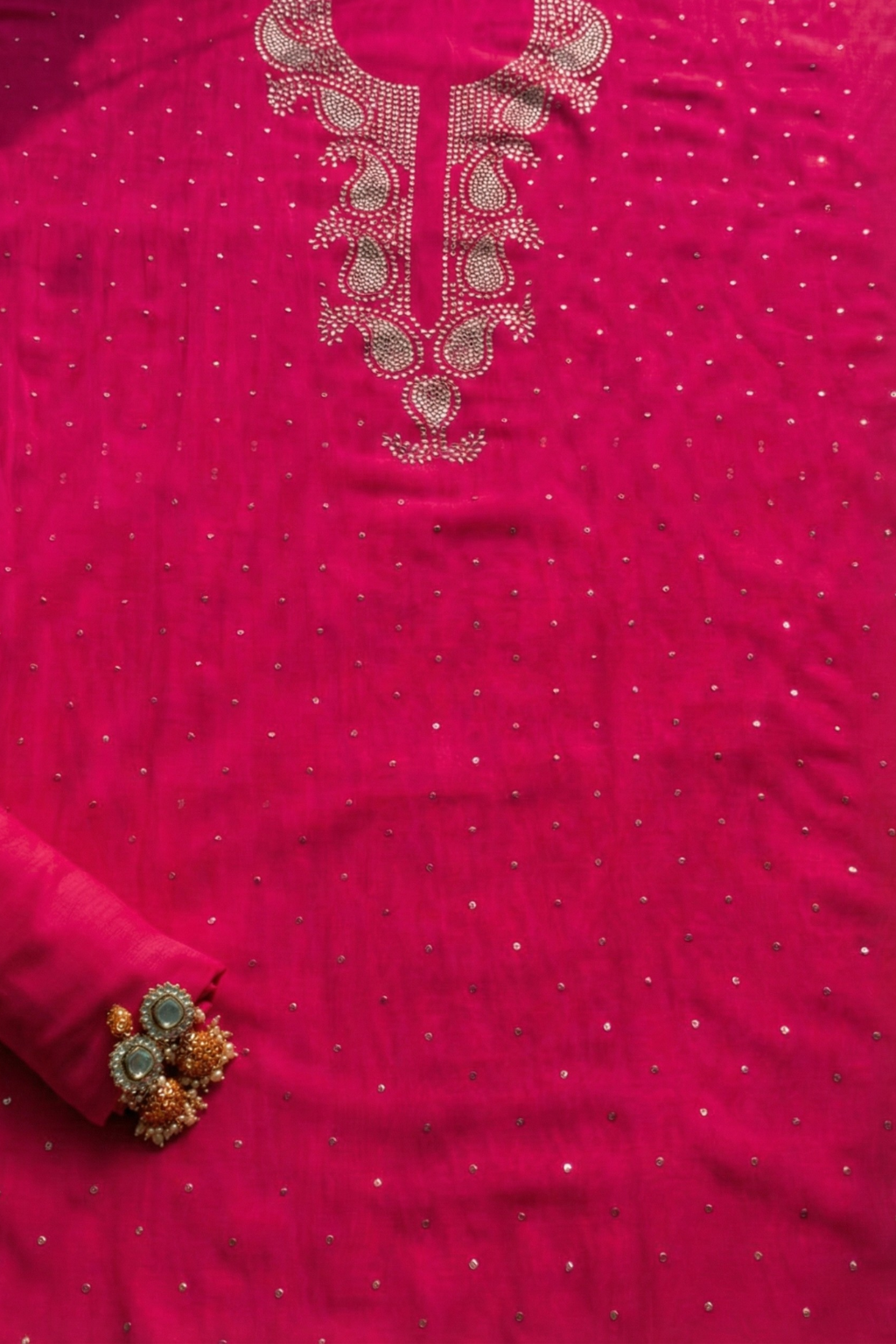 3 Pc Unstitched Suit - Chanderi Pink Mukiesh Kurta with Lining ,Dupatta and Bottom