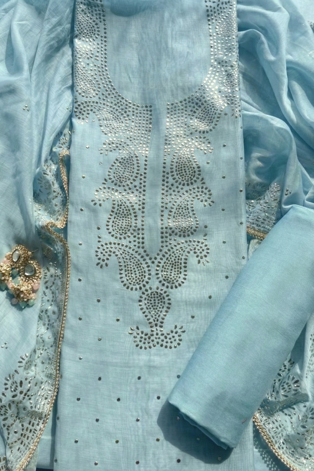 3 Pc Unstitched Suit - Chanderi light Blue Mukiesh Kurta with Lining ,Dupatta and Bottom