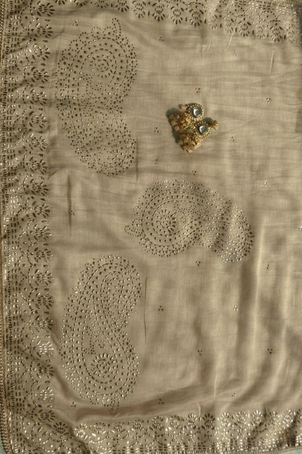 3 Pc Unstitched Suit - Chanderi Fawn Mukiesh Kurta with Lining ,Dupatta and Bottom