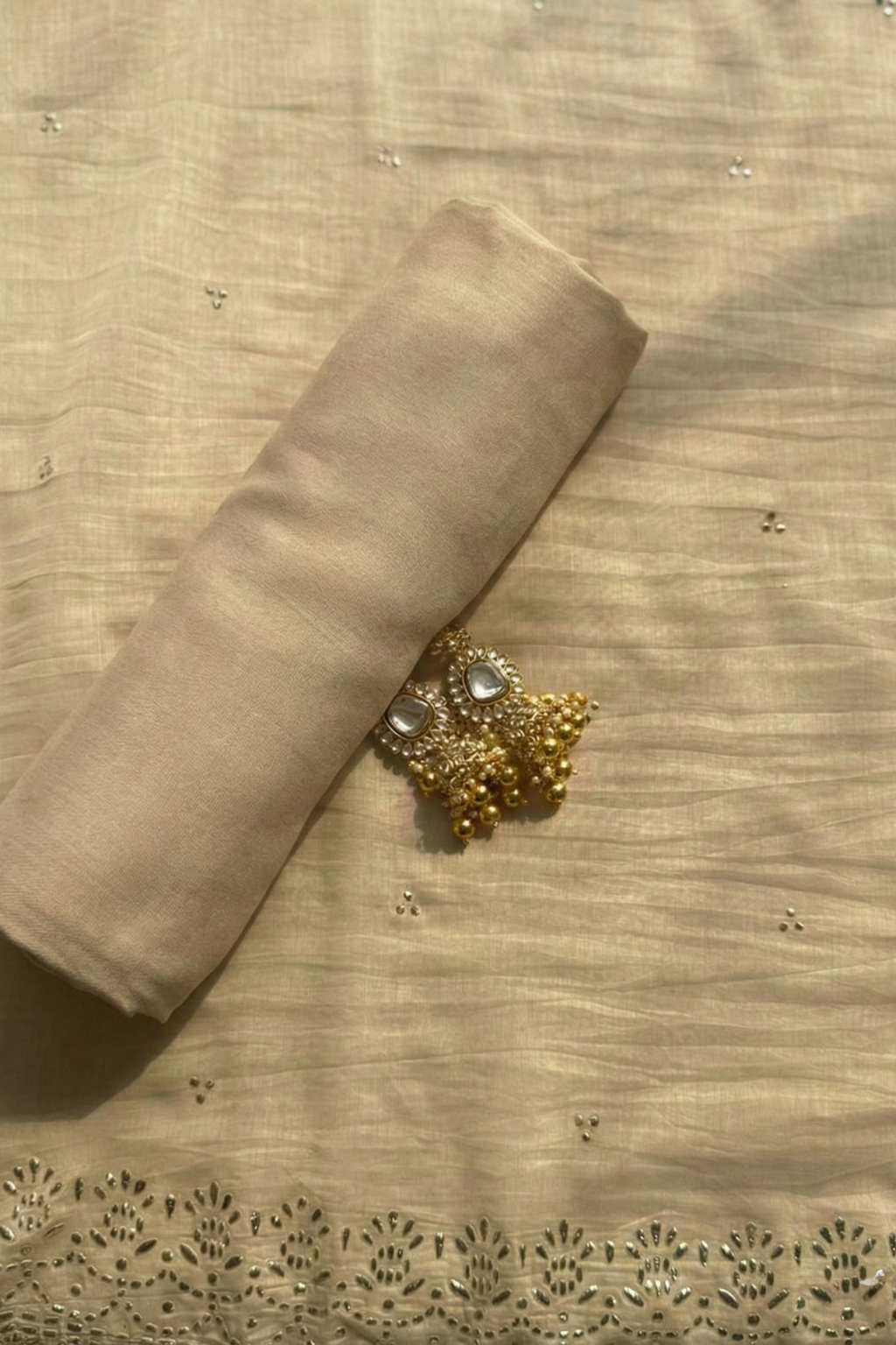 3 Pc Unstitched Suit - Chanderi Fawn Mukiesh Kurta with Lining ,Dupatta and Bottom