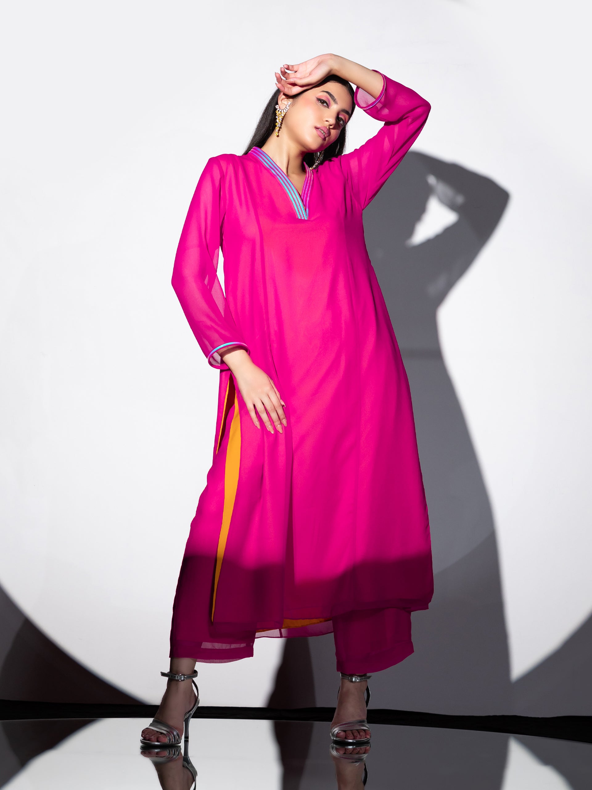 Women's Pink & Yellow Surprise Georgette Kurta Set with Contrast Inner Lining and Pants 2 Piece Set | A-Line, V Neck, Full Sleeves, Pants, Work wear, Festive Wear, (Georgette)