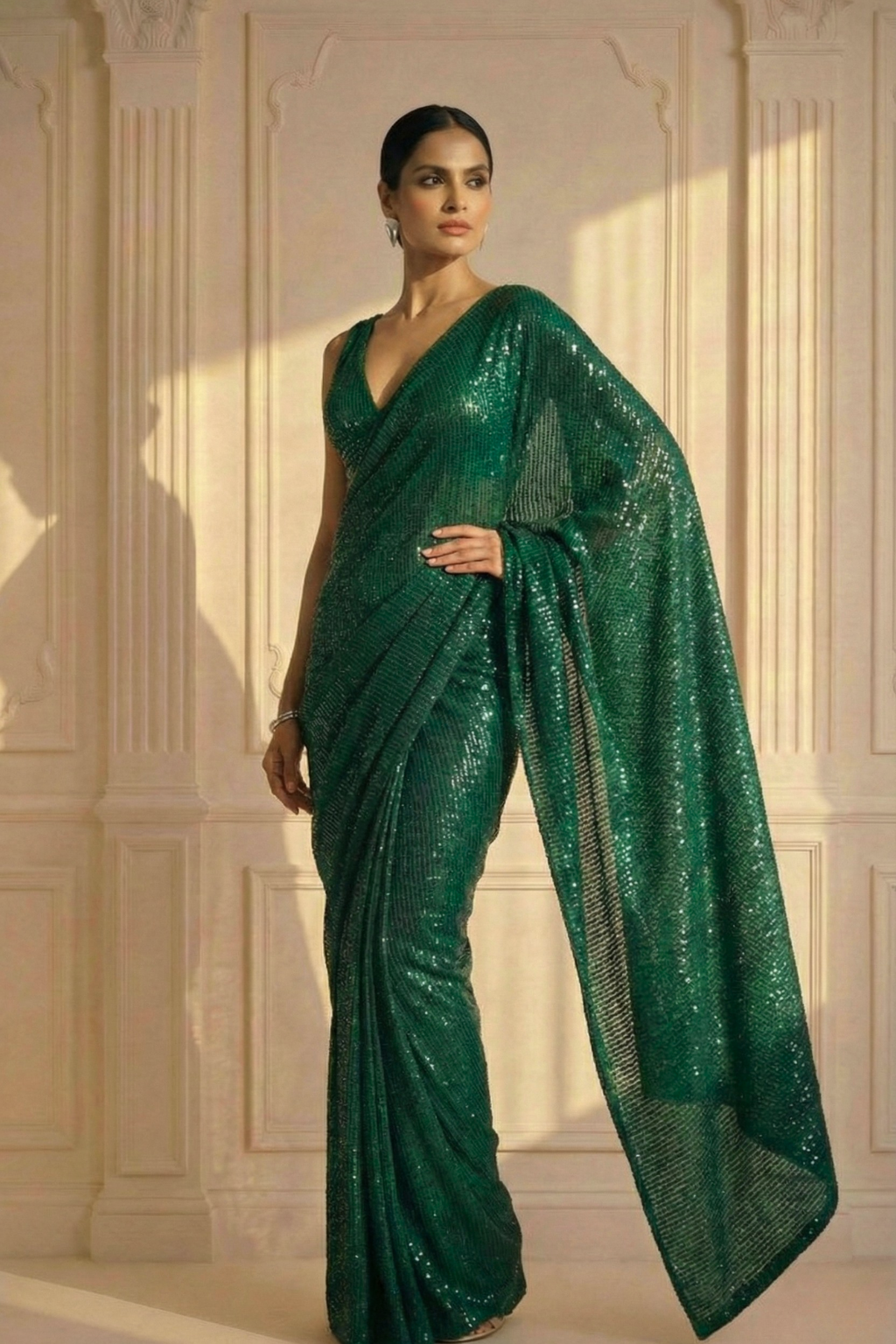 Emerald Green Knitted Sequin Saree with Blouse Fabric