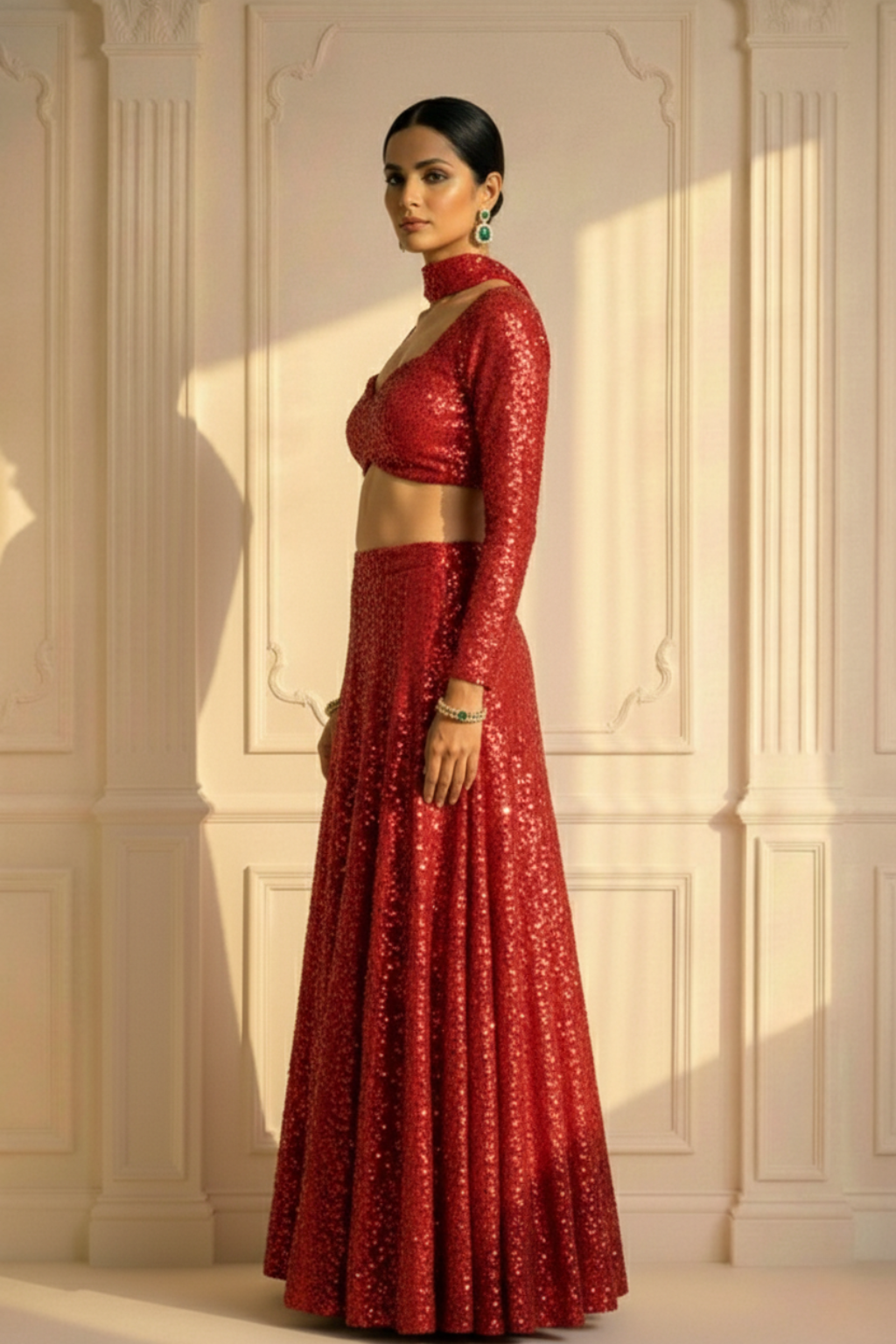 3 pc Set - Diva Maroon Sequin Lehenga with Dupatta with Blouse Fabric