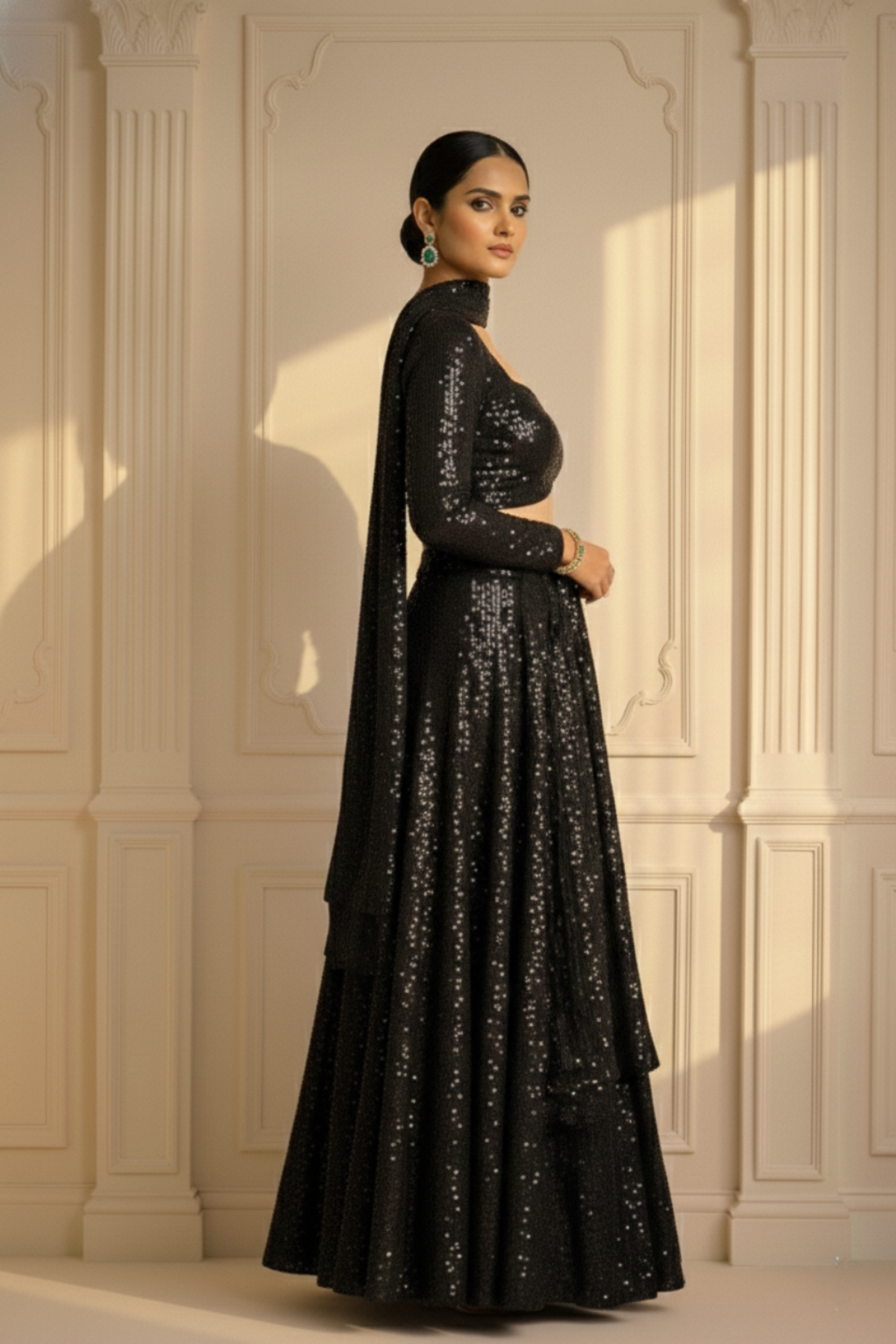 3 pc Set -Black Glamour Sequin Lehenga with Dupatta with Blouse Fabric