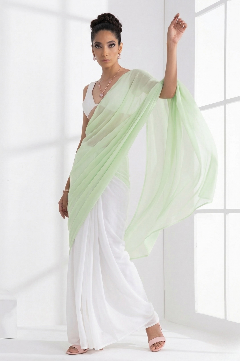 White and Sage Green Saree with Blouse Fabric