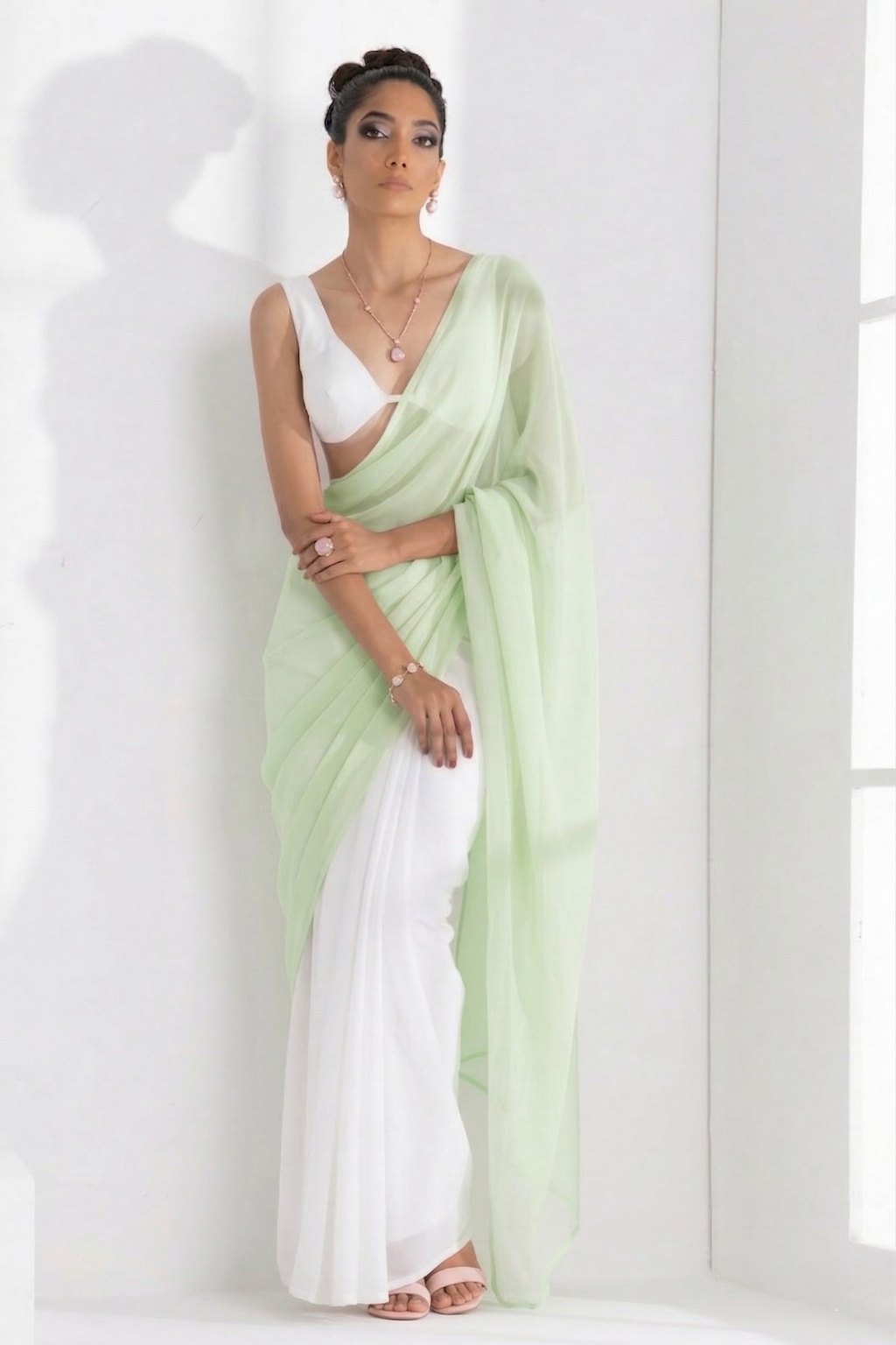 White and Sage Green Saree with Blouse Fabric