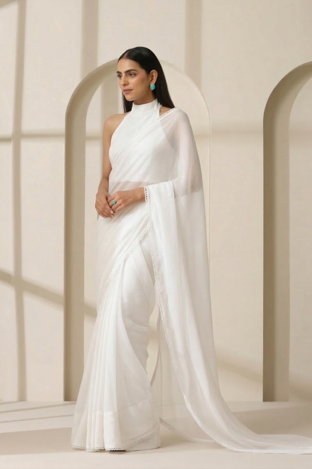 White Chiffon Saree with Lace and Blouse Fabric