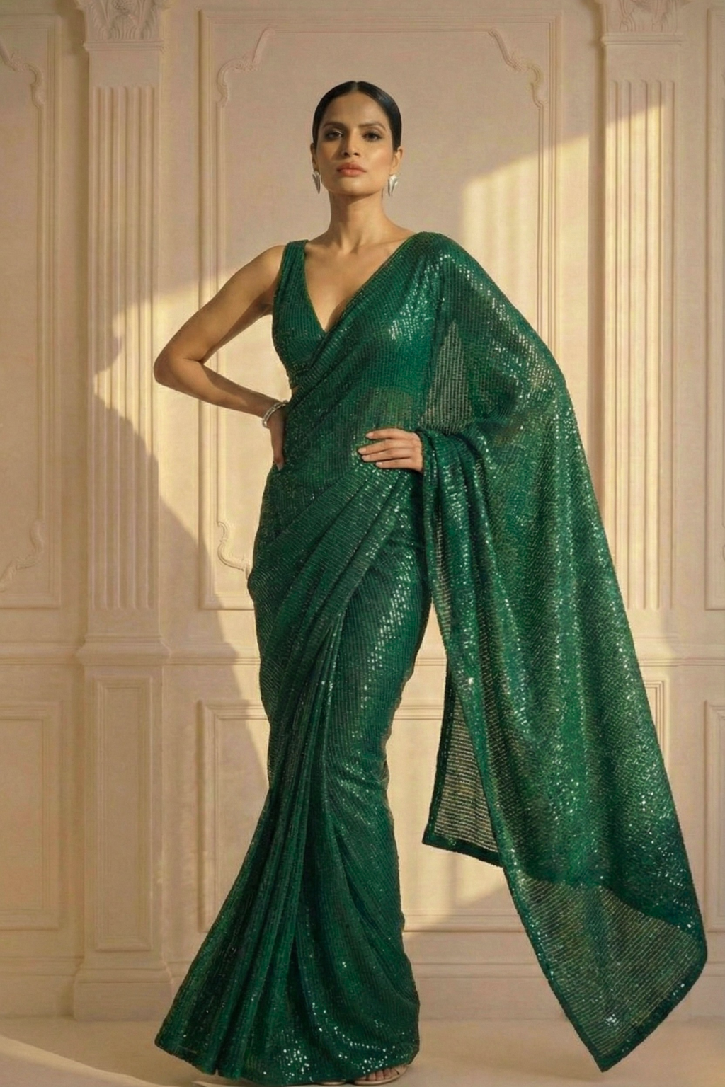Emerald Green Knitted Sequin Saree with Blouse Fabric