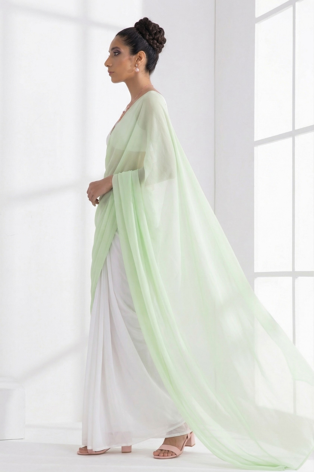 White and Sage Green Saree with Blouse Fabric