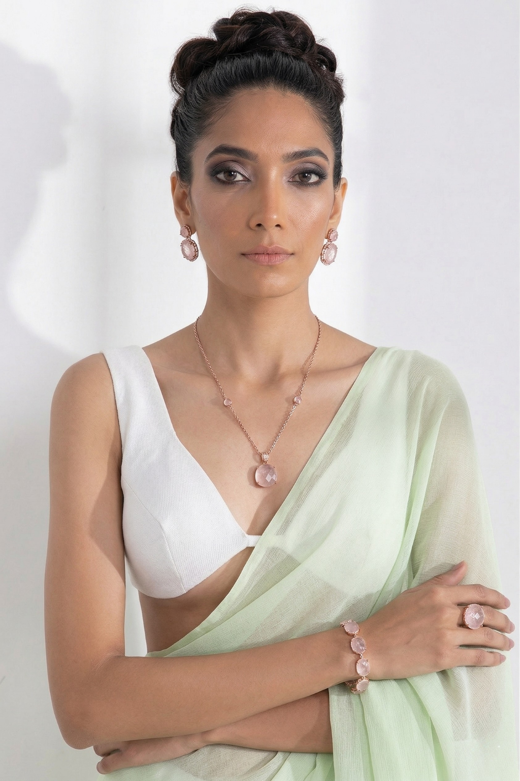 White and Sage Green Saree with Blouse Fabric