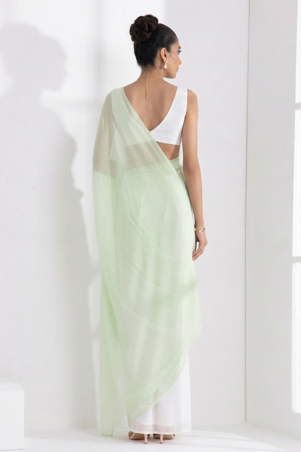 White and Sage Green Saree with Blouse Fabric