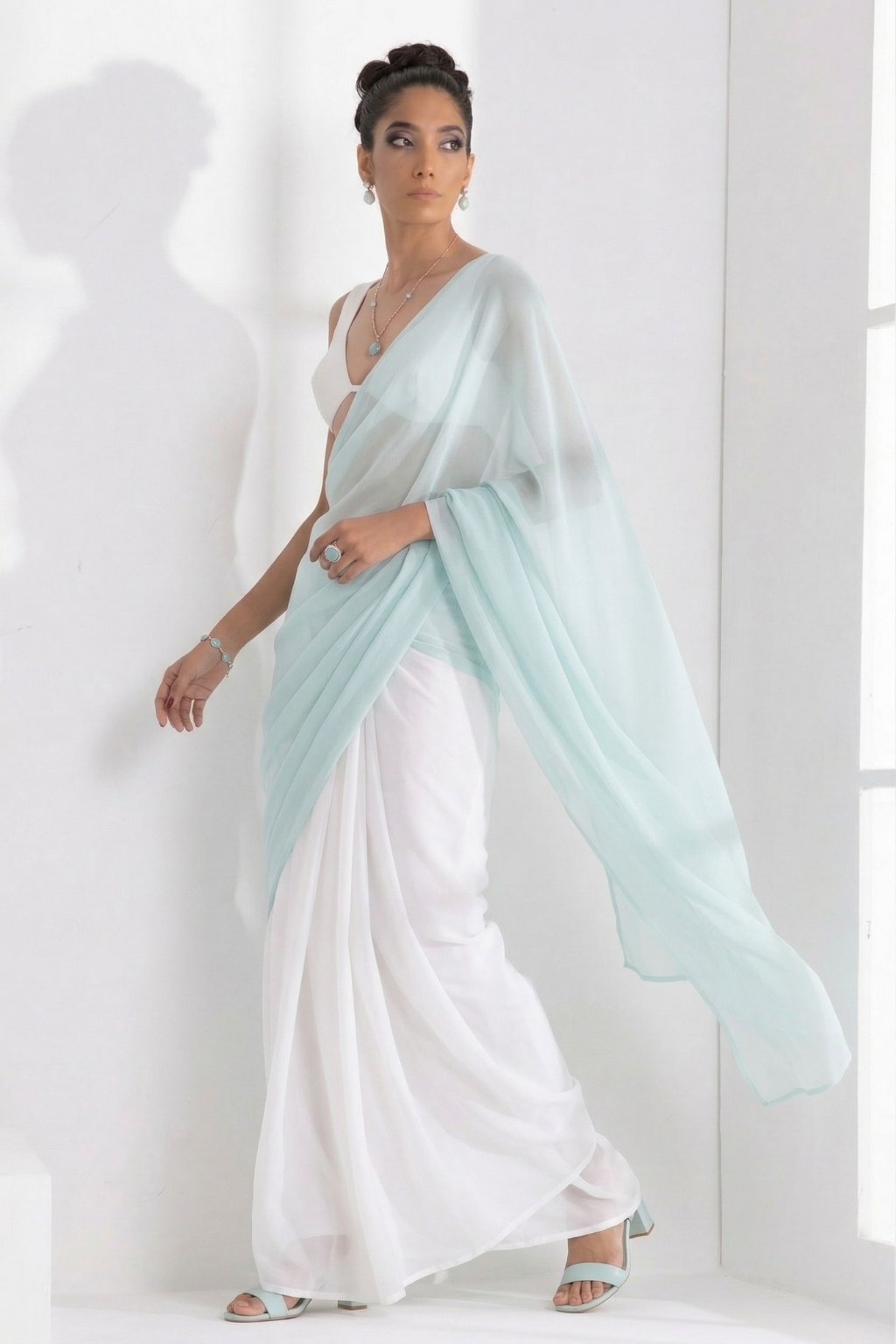 White and Light Blue Saree with Blouse Fabric