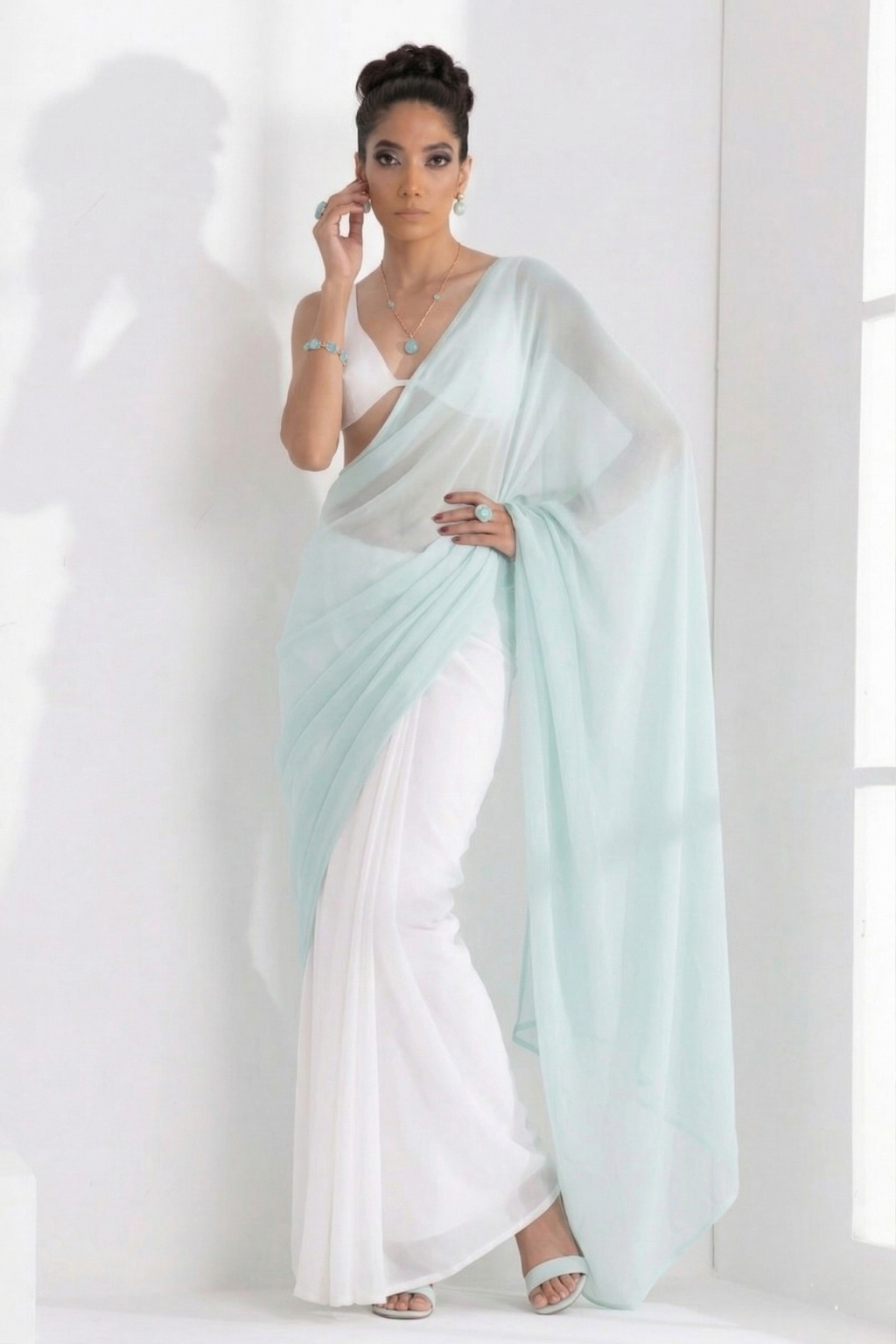 White and Light Blue Saree with Blouse Fabric