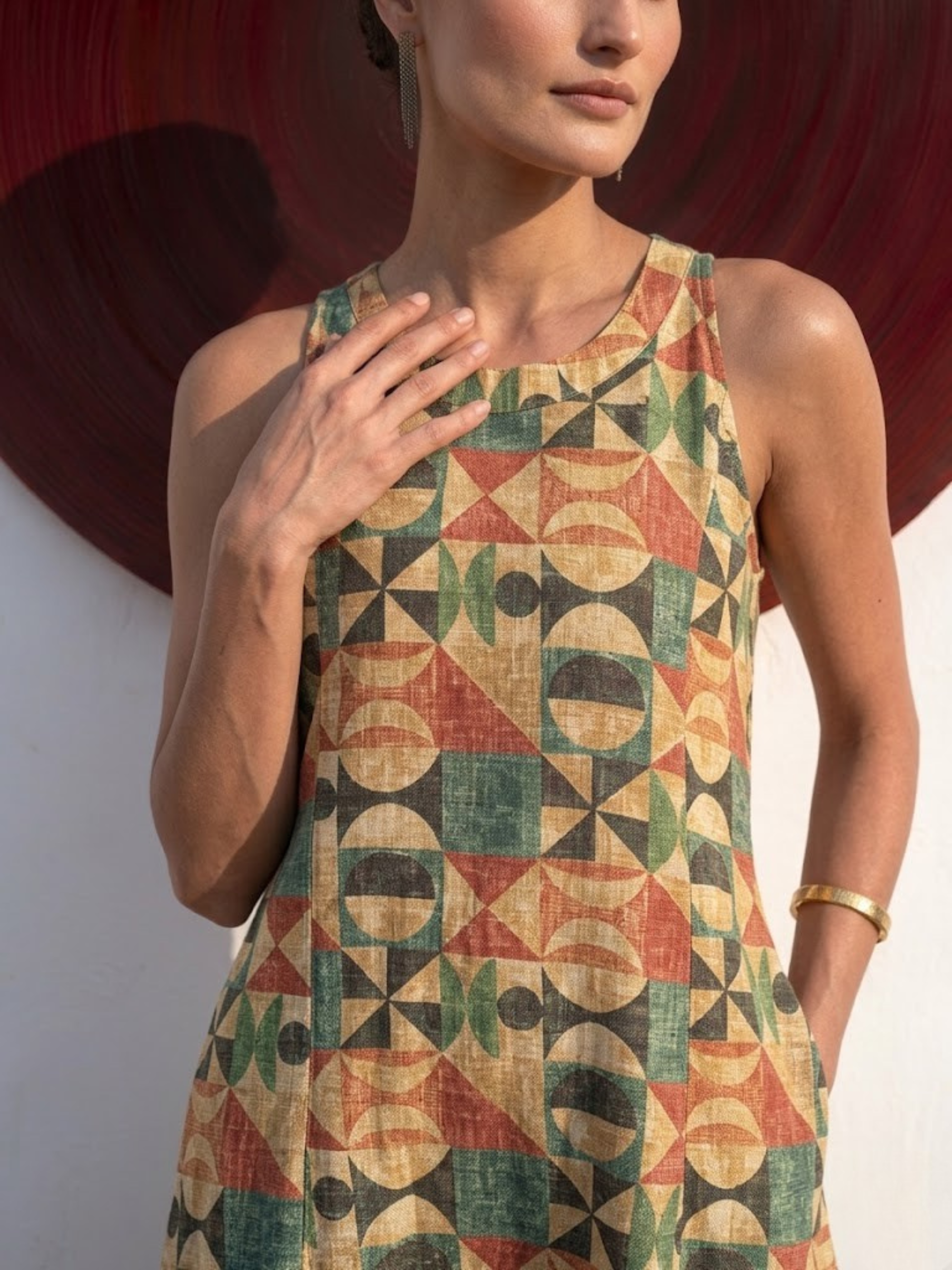 2 pc SET - Geometric Multicolor Printed Linen Sleeveless Kurta and Pant