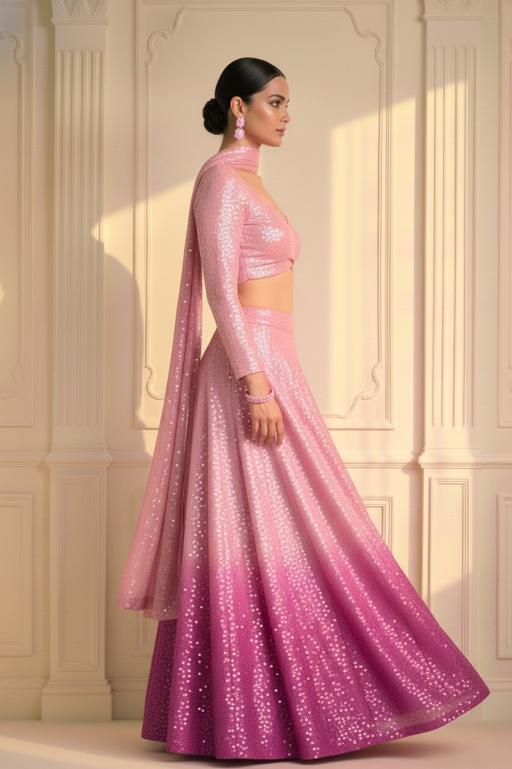 3 pc Set - Barbie Pink Ombre Sequin Lehenga with Dupatta with Blouse Fabric