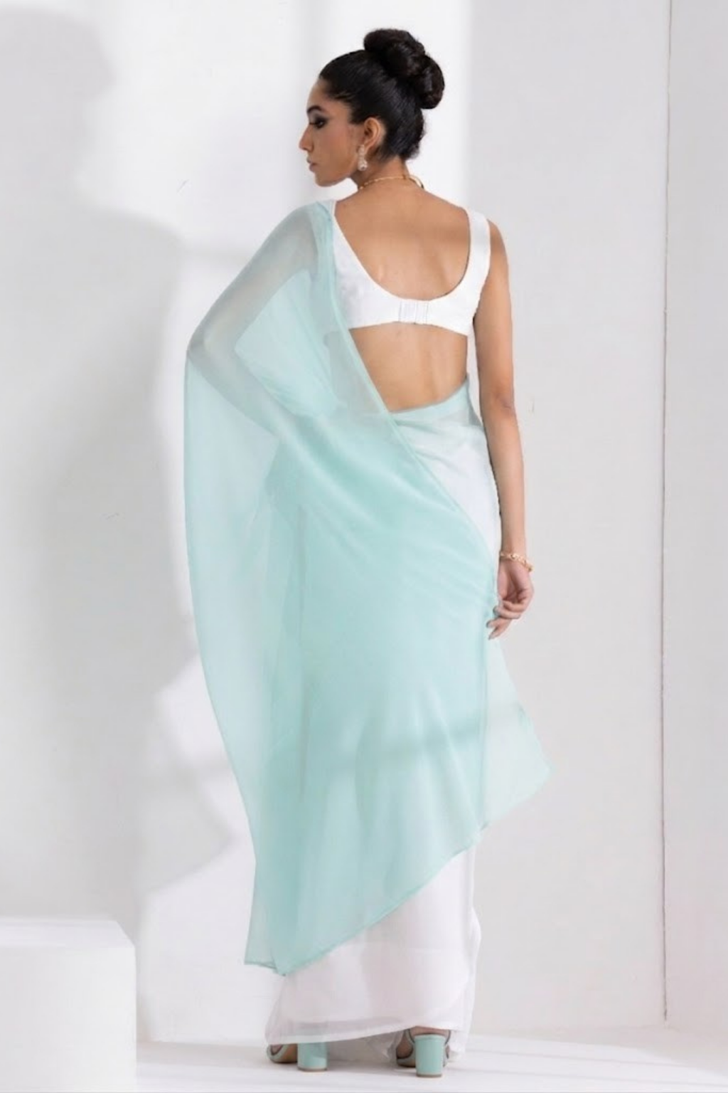 White and Light Blue Saree with Blouse Fabric