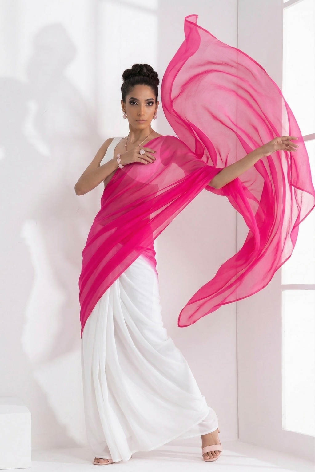 White and Neon Pink Saree with Blouse Fabric