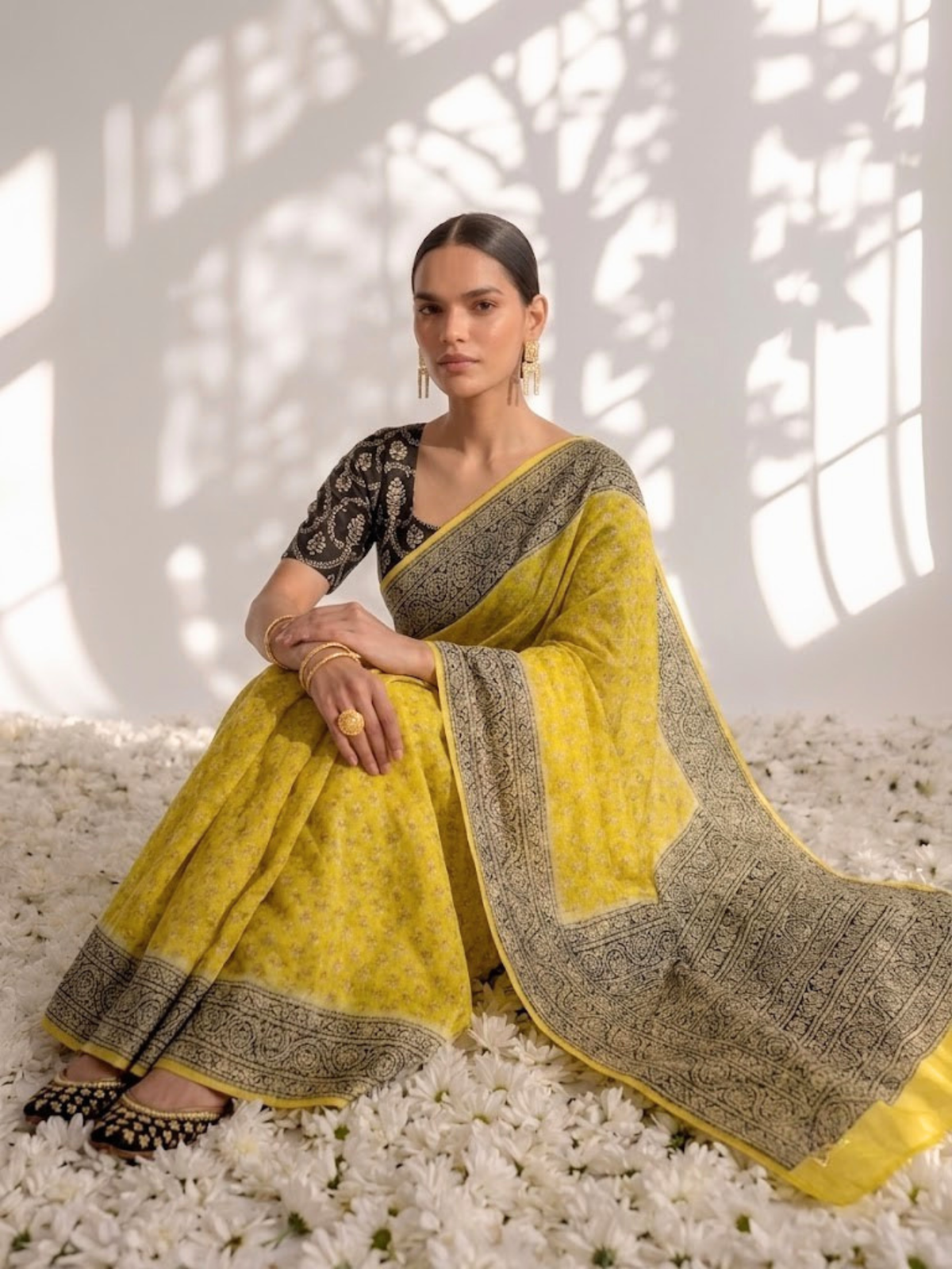 Yellow and Grey Pure Silk Kota Printed Saree with Blouse Fabric