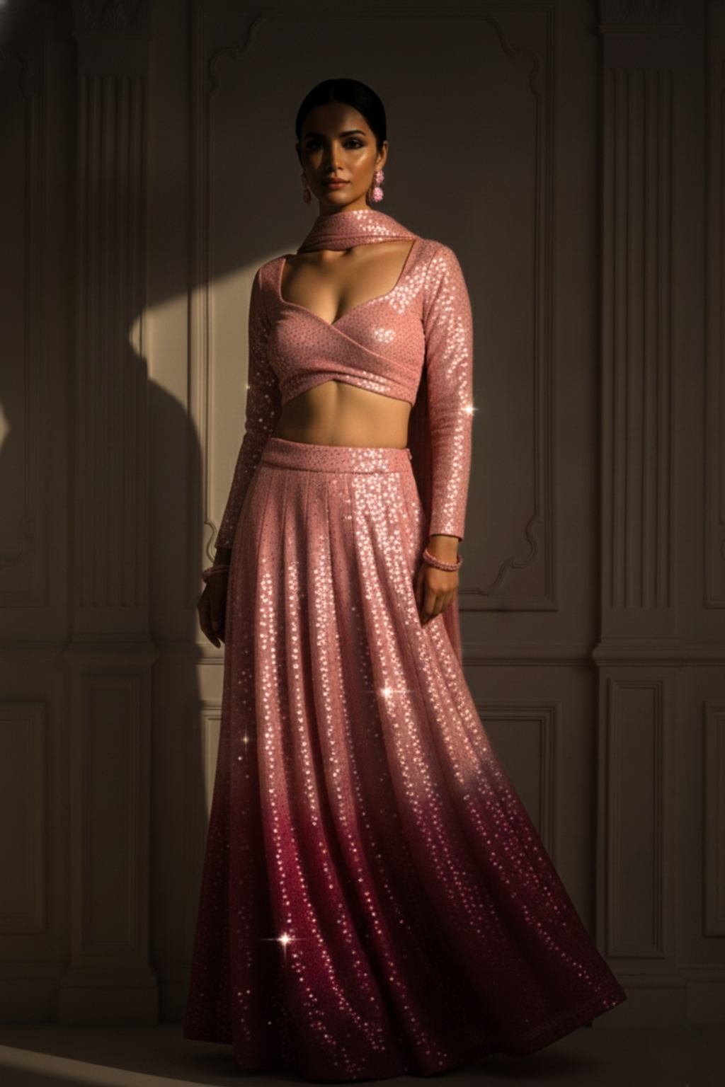 3 pc Set - Barbie Pink Ombre Sequin Lehenga with Dupatta with Blouse Fabric