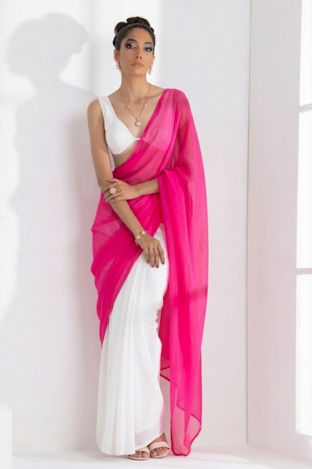White and Neon Pink Saree with Blouse Fabric