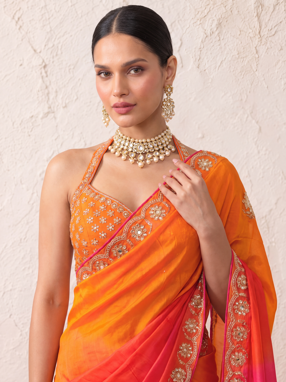 Pink and Yellow Gajji Silk Ombre Saree with Handwork with Self Fabric Blouse