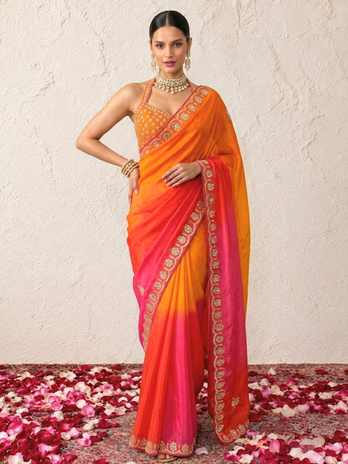 Pink and Yellow Gajji Silk Ombre Saree with Handwork with Self Fabric Blouse
