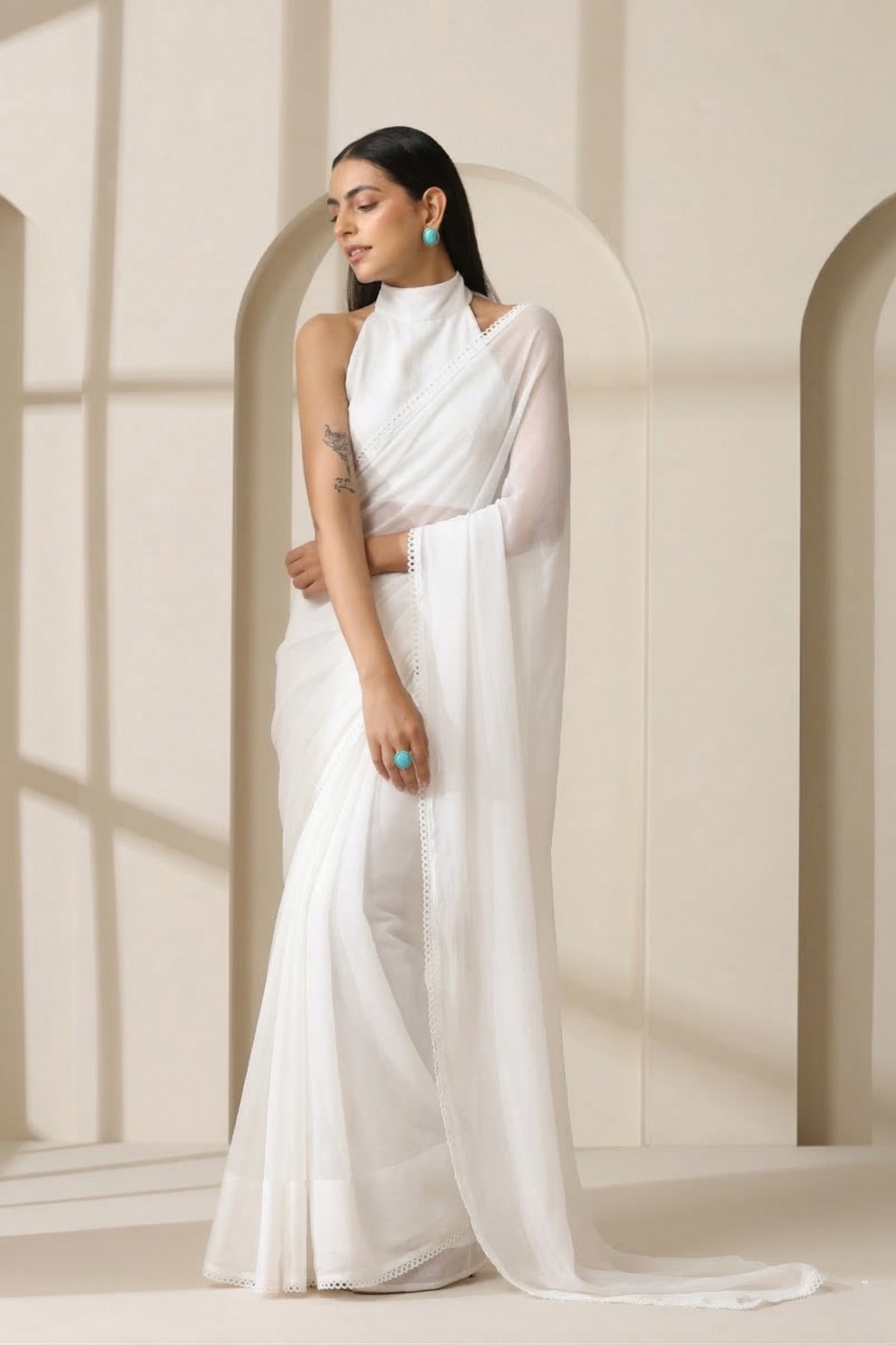 White Chiffon Saree with Lace and Blouse Fabric