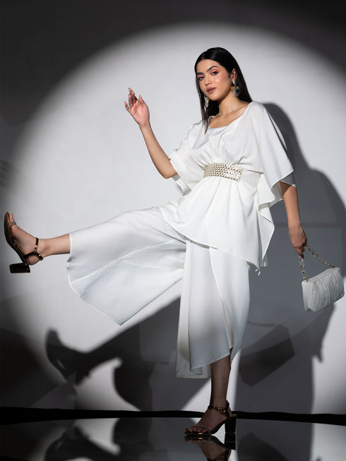 Women's Bree Cream Crepe Co-Ordinate Set with Gold Triangle Lace and Overlap Dhoti 2 Piece Set | Straight Fit, Round Neck, 3/4 Sleeves, Dhoti Pants, Festive Wear, (Crepe)
