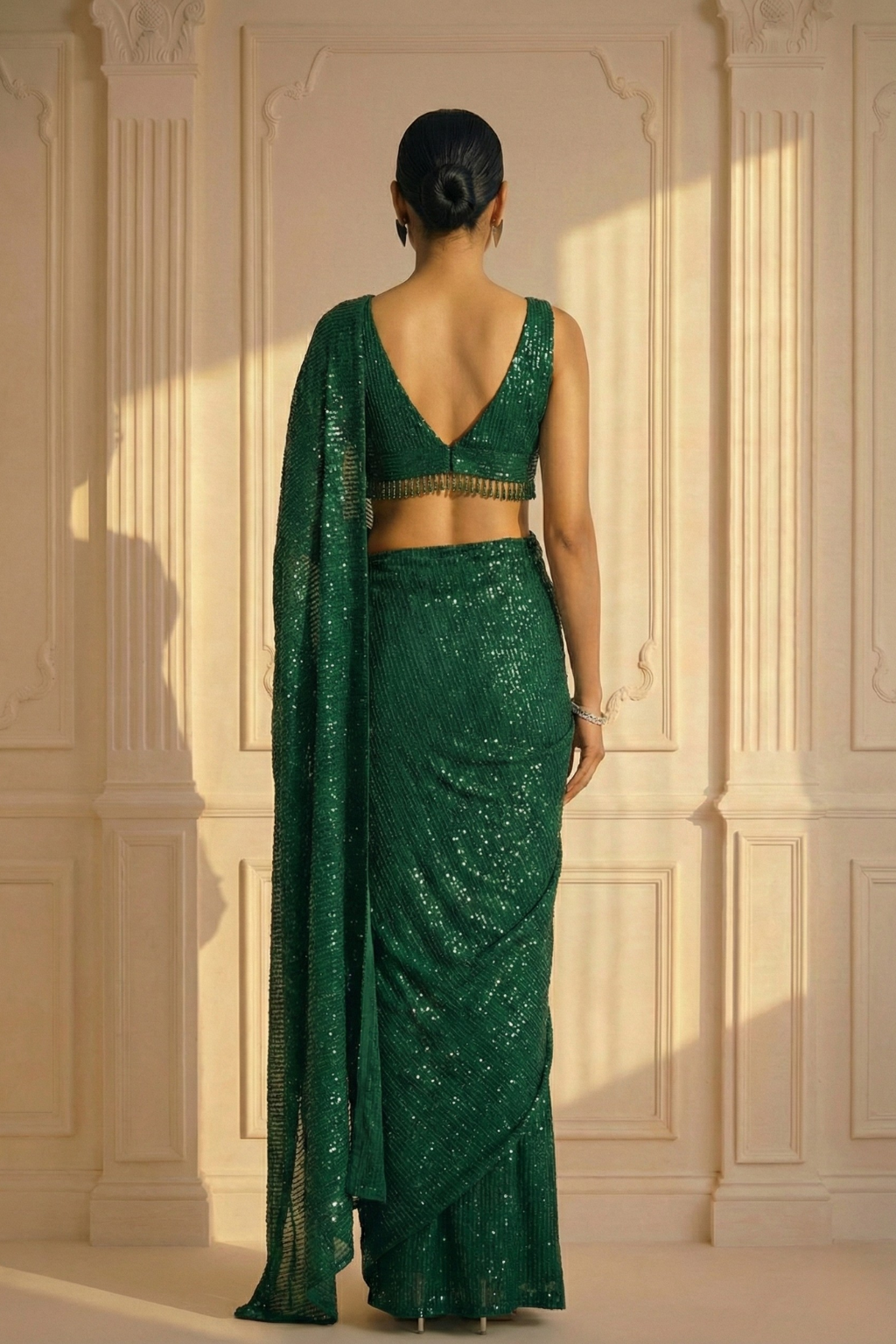 Emerald Green Knitted Sequin Saree with Blouse Fabric