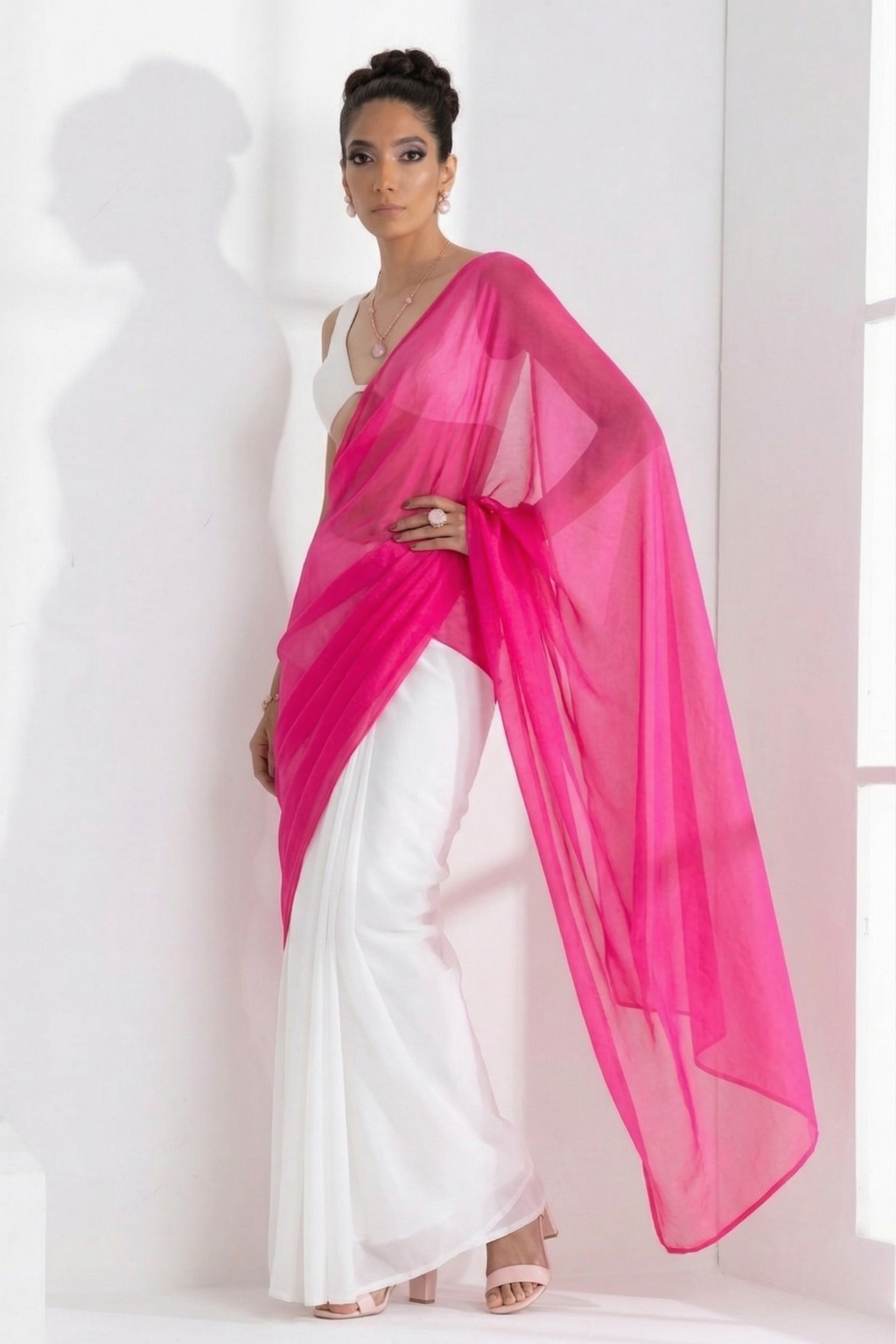 White and Neon Pink Saree with Blouse Fabric