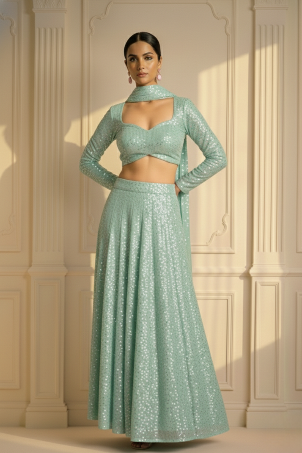3 pc Set - Candy Mint Sequin Lehenga with Dupatta with Blouse Fabric