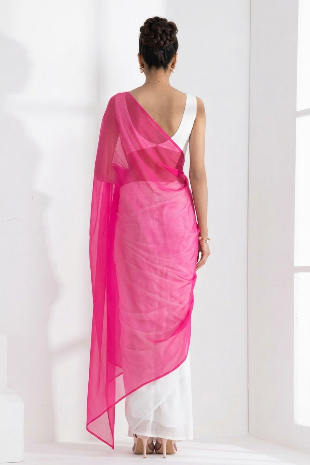 White and Neon Pink Saree with Blouse Fabric