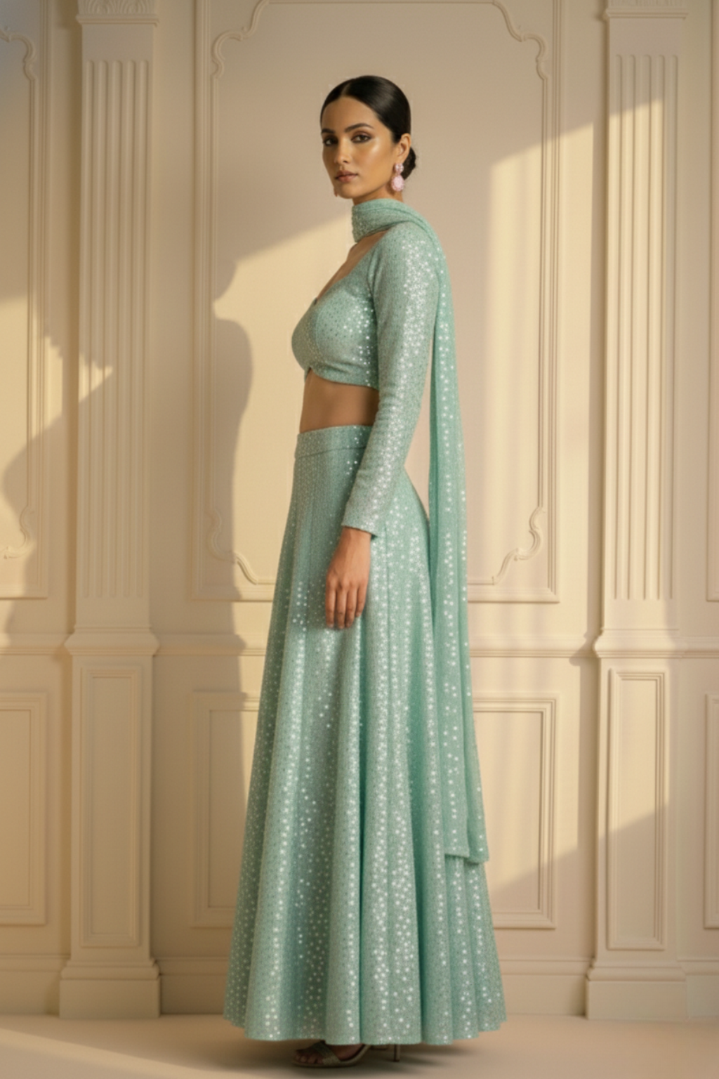 3 pc Set - Candy Mint Sequin Lehenga with Dupatta with Blouse Fabric