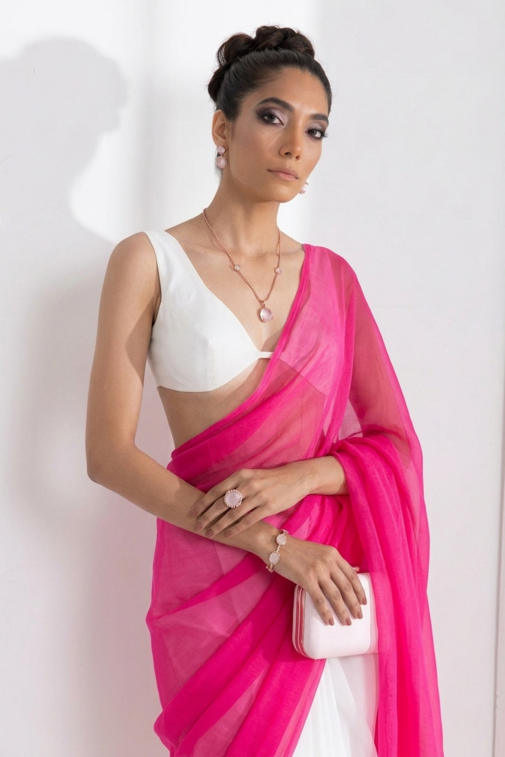 White and Neon Pink Saree with Blouse Fabric