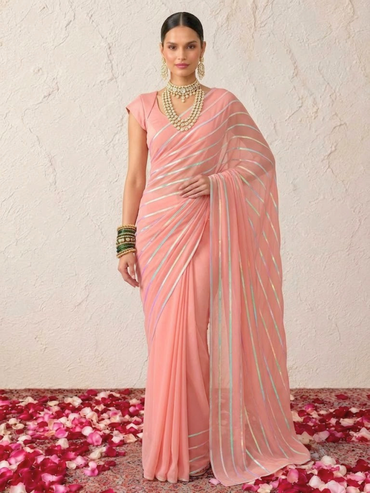 Pink and Iridecent Georgette Impression Saree with Self Blouse Fabric